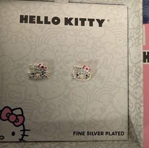Hello Kitty Silver Tone Stud Earrings with Pink Bows